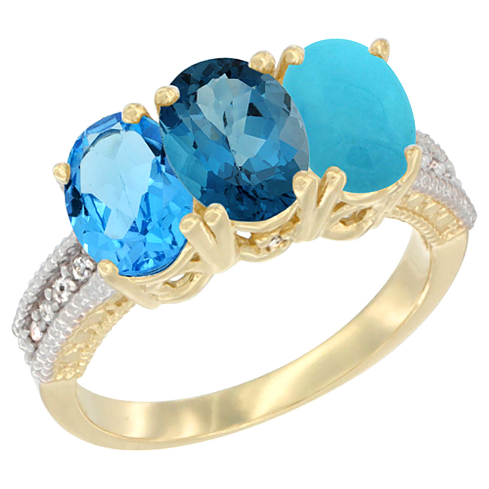 14K Yellow Gold Natural Swiss Blue Topaz, London Blue Topaz & Turquoise Ring 3-Stone 7x5 mm Oval Diamond Accent, sizes 5 - 10