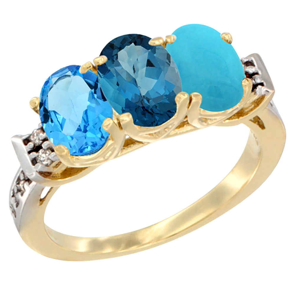 10K Yellow Gold Natural Swiss Blue Topaz, London Blue Topaz &amp; Turquoise Ring 3-Stone Oval 7x5 mm Diamond Accent, sizes 5 - 10