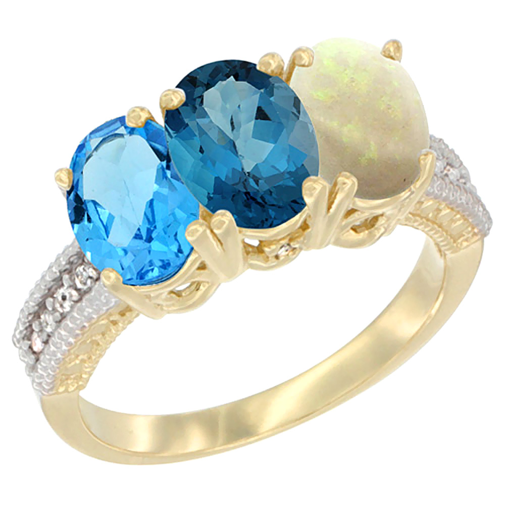 14K Yellow Gold Natural Swiss Blue Topaz, London Blue Topaz &amp; Opal Ring 3-Stone 7x5 mm Oval Diamond Accent, sizes 5 - 10