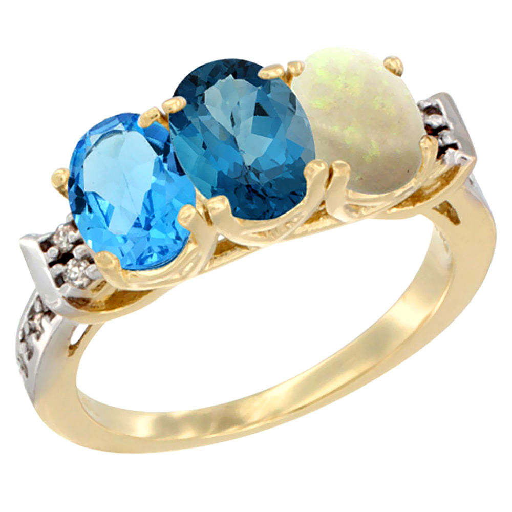 14K Yellow Gold Natural Swiss Blue Topaz, London Blue Topaz & Opal Ring 3-Stone 7x5 mm Oval Diamond Accent, sizes 5 - 10
