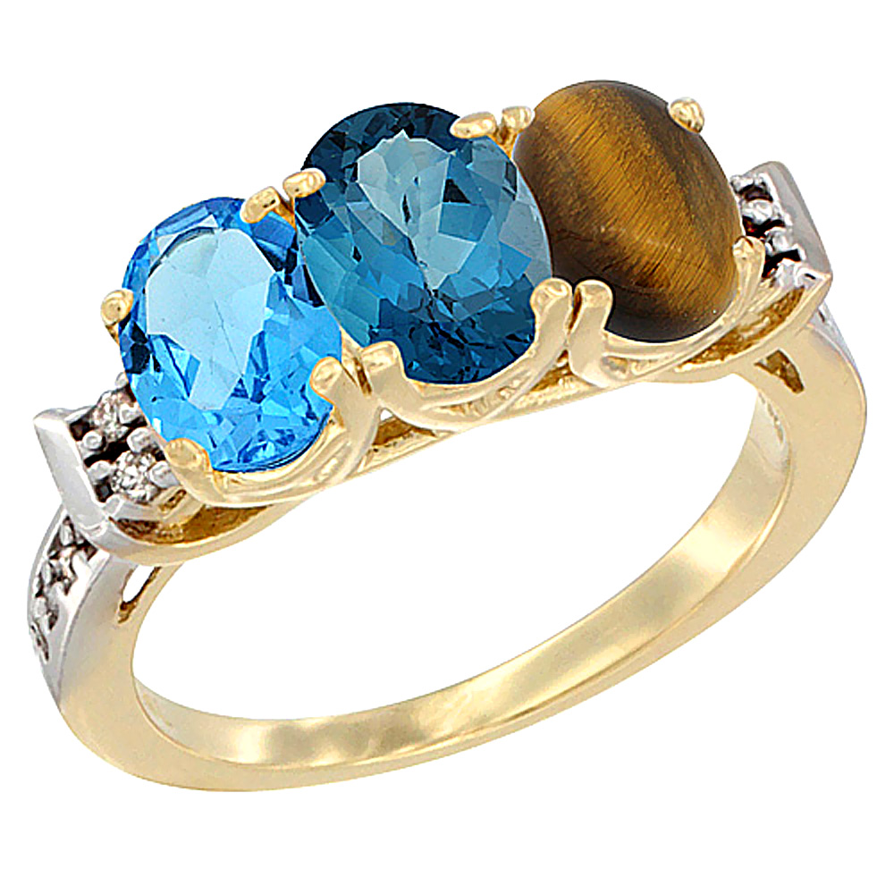 10K Yellow Gold Natural Swiss Blue Topaz, London Blue Topaz & Tiger Eye Ring 3-Stone Oval 7x5 mm Diamond Accent, sizes 5 - 10