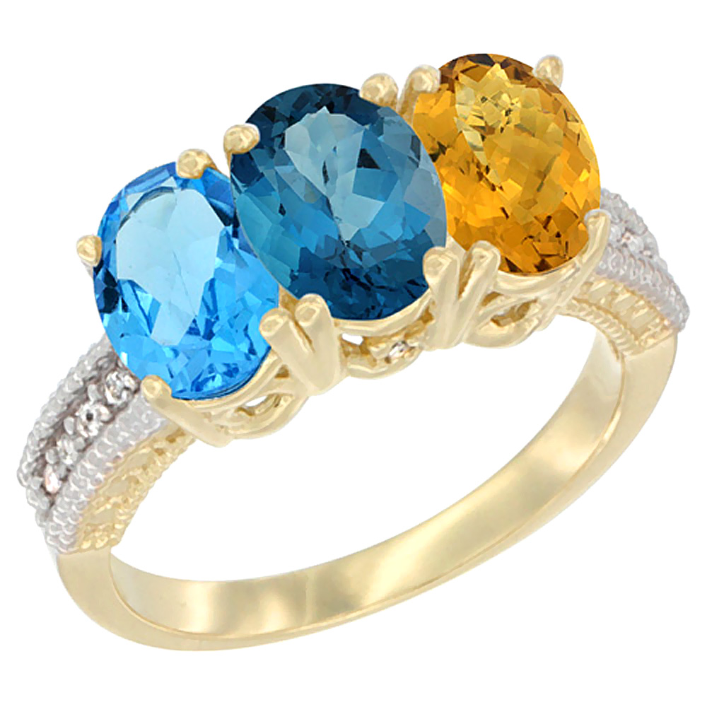 10K Yellow Gold Diamond Natural Swiss Blue Topaz, London Blue Topaz & Whisky Quartz Ring 3-Stone Oval 7x5 mm, sizes 5 - 10