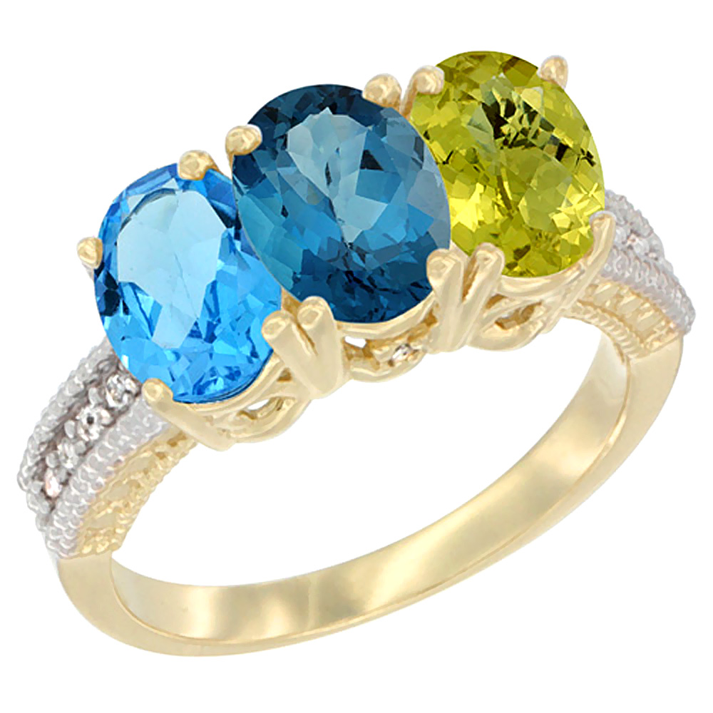 14K Yellow Gold Natural Swiss Blue Topaz, London Blue Topaz &amp; Lemon Quartz Ring 3-Stone 7x5 mm Oval Diamond Accent, sizes 5 - 10