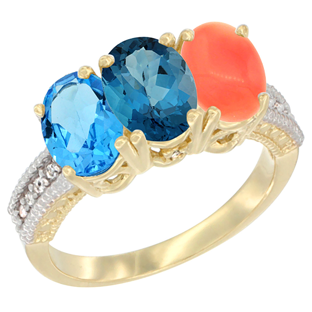 14K Yellow Gold Natural Swiss Blue Topaz, London Blue Topaz & Coral Ring 3-Stone 7x5 mm Oval Diamond Accent, sizes 5 - 10
