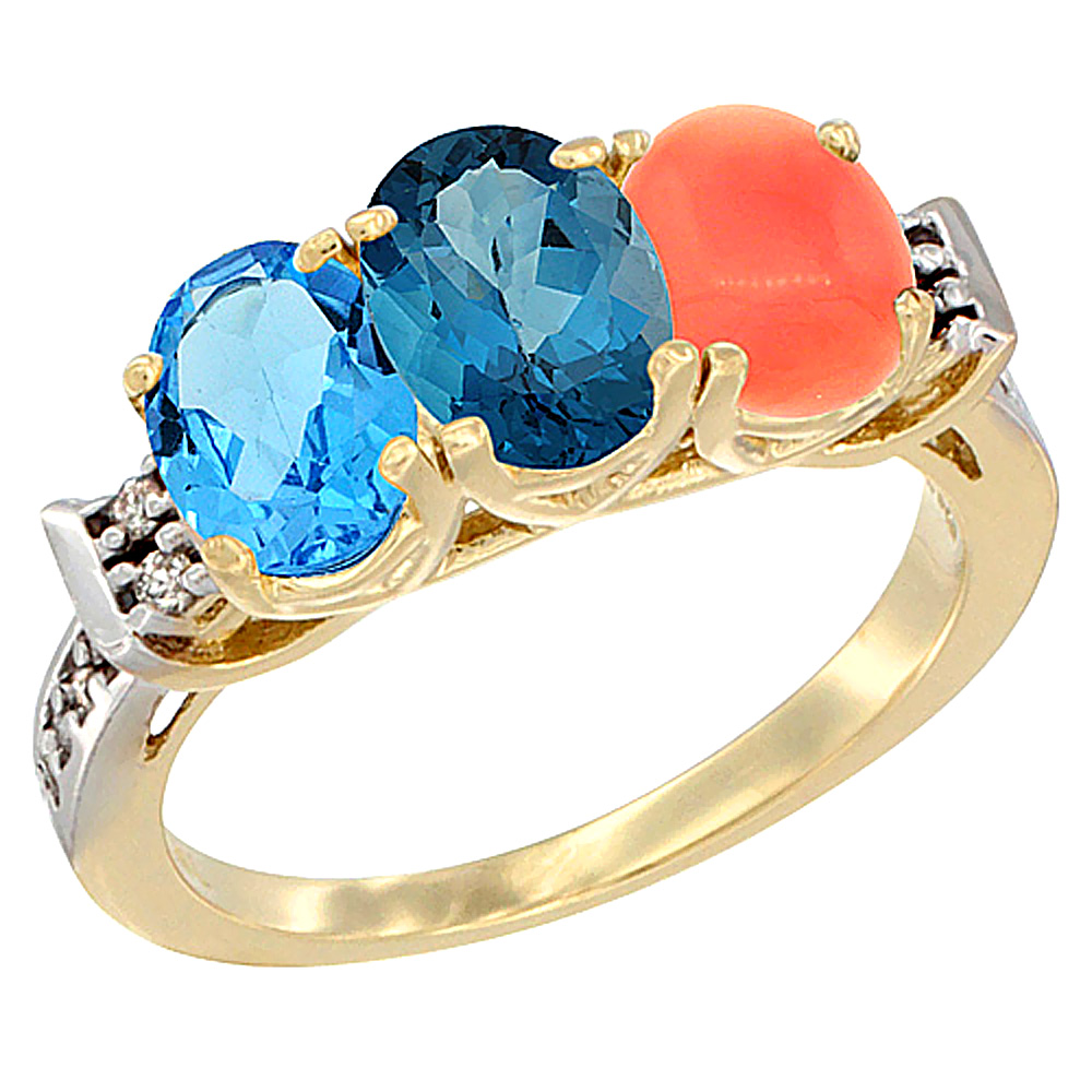 10K Yellow Gold Natural Swiss Blue Topaz, London Blue Topaz & Coral Ring 3-Stone Oval 7x5 mm Diamond Accent, sizes 5 - 10