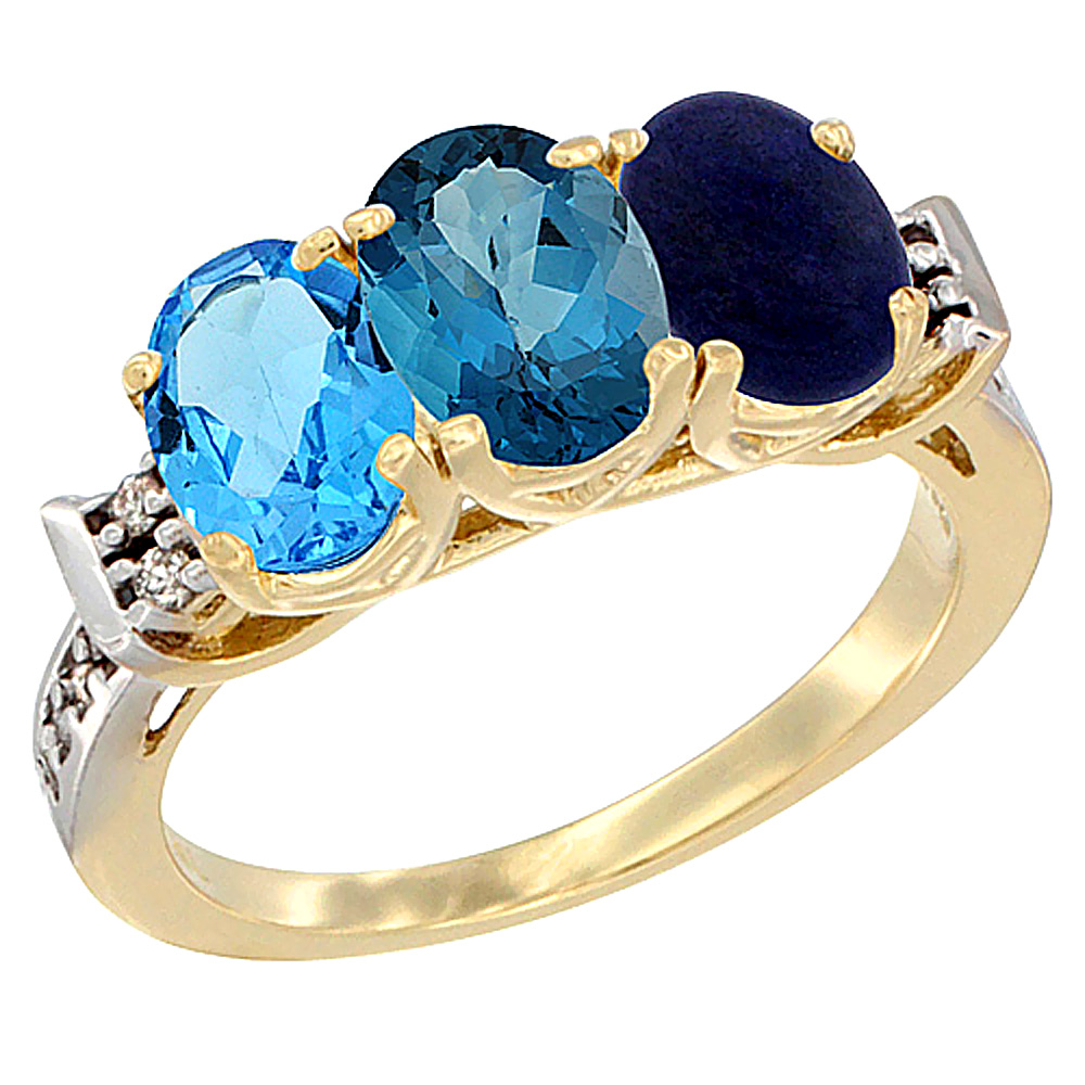 10K Yellow Gold Natural Swiss Blue Topaz, London Blue Topaz &amp; Lapis Ring 3-Stone Oval 7x5 mm Diamond Accent, sizes 5 - 10
