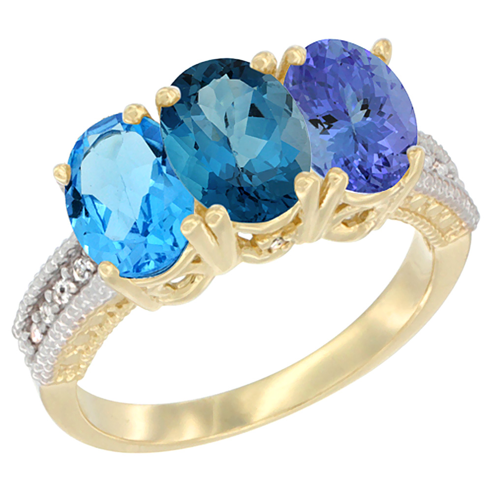 10K Yellow Gold Diamond Natural Swiss Blue Topaz, London Blue Topaz &amp; Tanzanite Ring 3-Stone Oval 7x5 mm, sizes 5 - 10