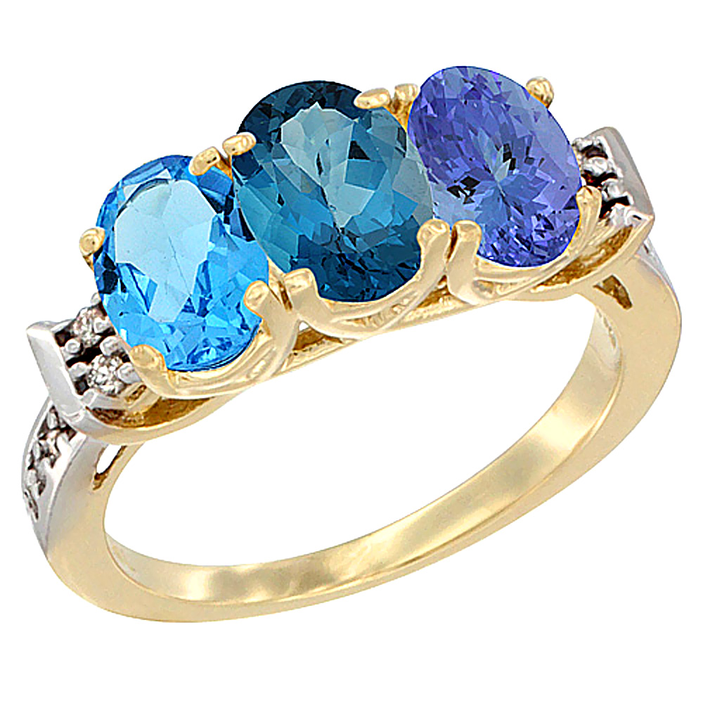 14K Yellow Gold Natural Swiss Blue Topaz, London Blue Topaz & Tanzanite Ring 3-Stone 7x5 mm Oval Diamond Accent, sizes 5 - 10