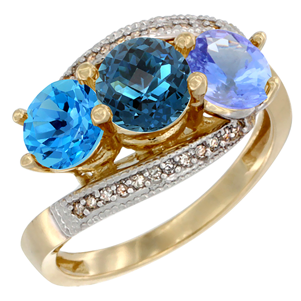 10K Yellow Gold Natural Swiss Blue Topaz, London Blue Topaz &amp; Tanzanite 3 stone Ring Round 6mm Diamond Accent, sizes 5 - 10