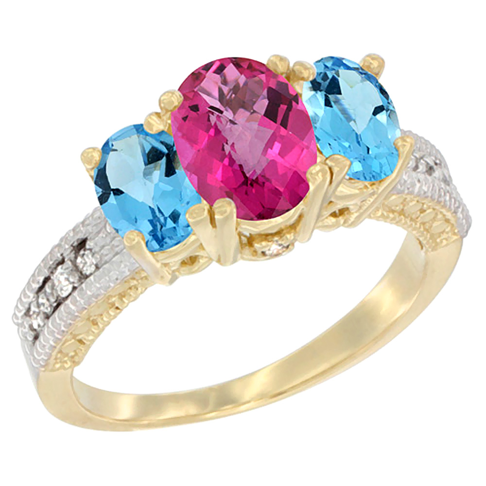 14K Yellow Gold Diamond Natural Pink Topaz Ring Oval 3-stone with Swiss Blue Topaz, sizes 5 - 10