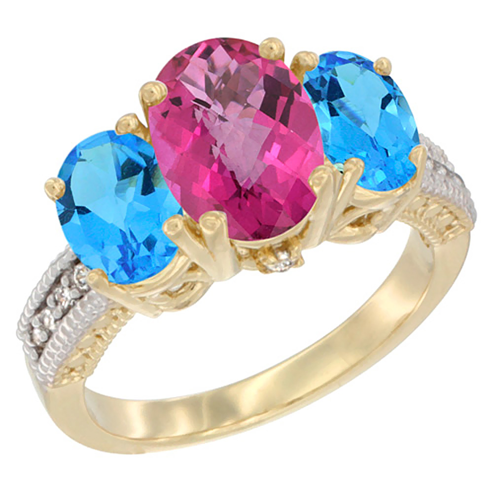 10K Yellow Gold Diamond Natural Pink Topaz Ring 3-Stone Oval 8x6mm with Swiss Blue Topaz, sizes5-10