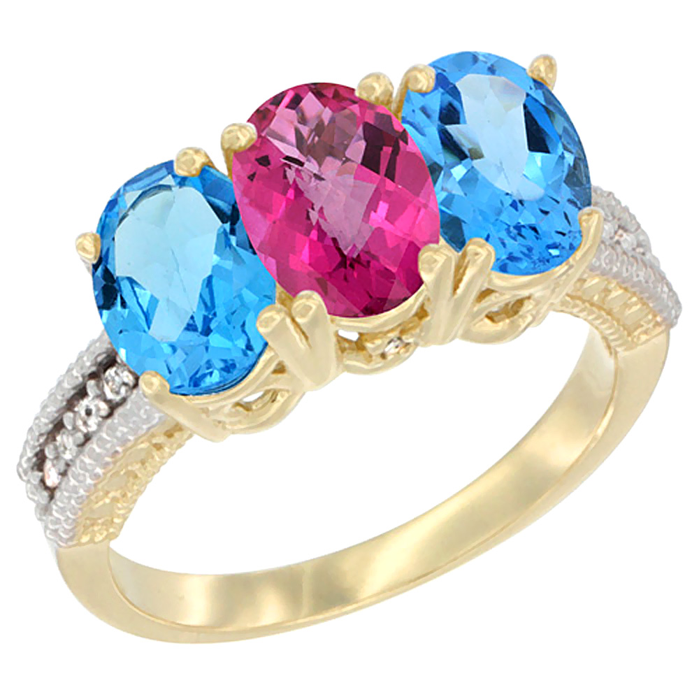 10K Yellow Gold Diamond Natural Pink Topaz & Swiss Blue Topaz Sides Ring 3-Stone Oval 7x5 mm, sizes 5 - 10