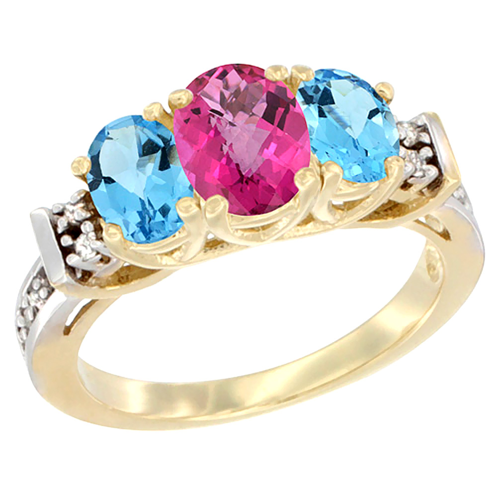 10K Yellow Gold Natural Pink Topaz & Swiss Blue Topaz Ring 3-Stone Oval Diamond Accent