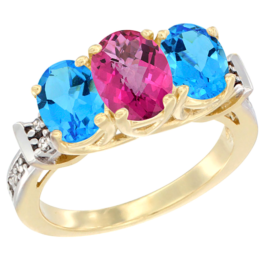 10K Yellow Gold Natural Pink Topaz &amp; Swiss Blue Topaz Sides Ring 3-Stone Oval Diamond Accent, sizes 5 - 10