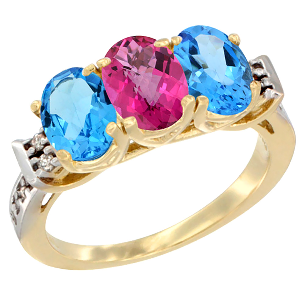 10K Yellow Gold Natural Pink Topaz & Swiss Blue Topaz Sides Ring 3-Stone Oval 7x5 mm Diamond Accent, sizes 5 - 10