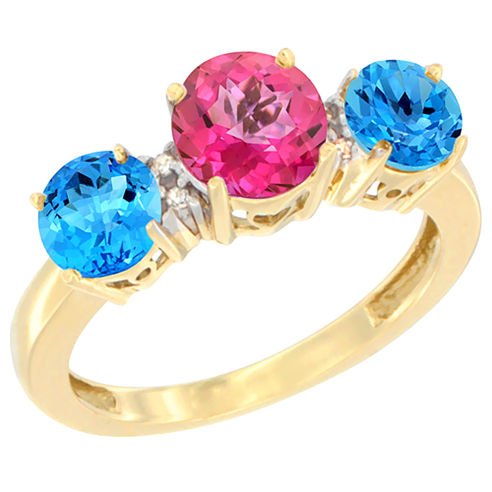 14K Yellow Gold Round 3-Stone Natural Pink Topaz Ring &amp; Swiss Blue Topaz Sides Diamond Accent, sizes 5 - 10