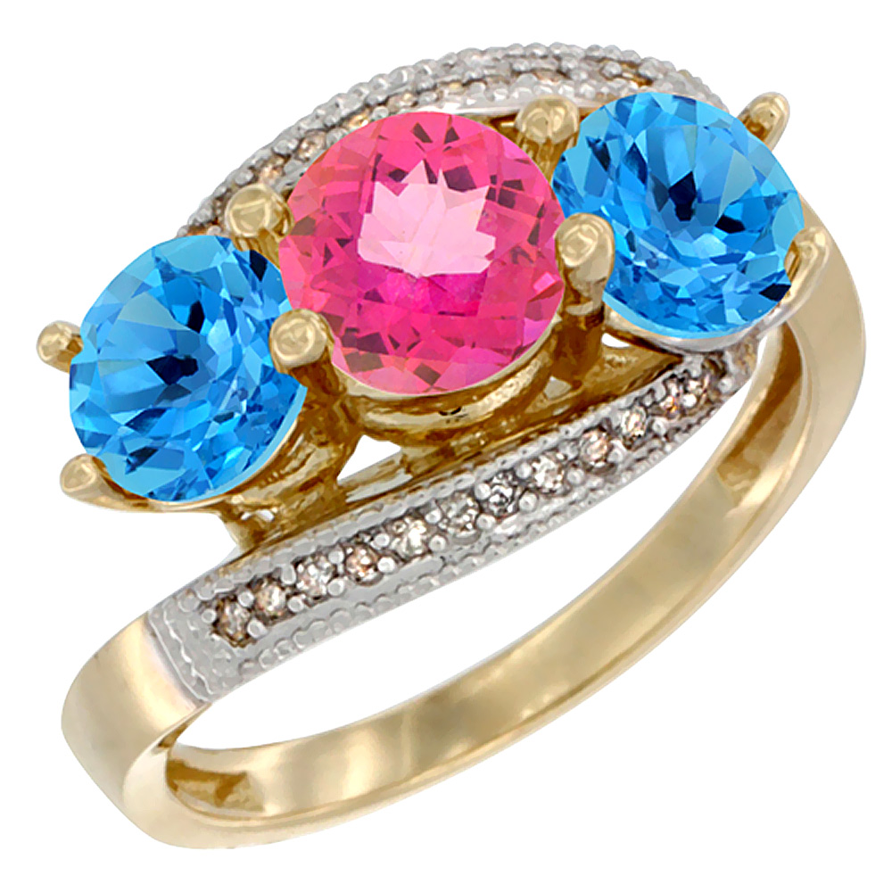 10K Yellow Gold Natural Pink Topaz &amp; Swiss Blue Topaz Sides 3 stone Ring Round 6mm Diamond Accent, sizes 5 - 10
