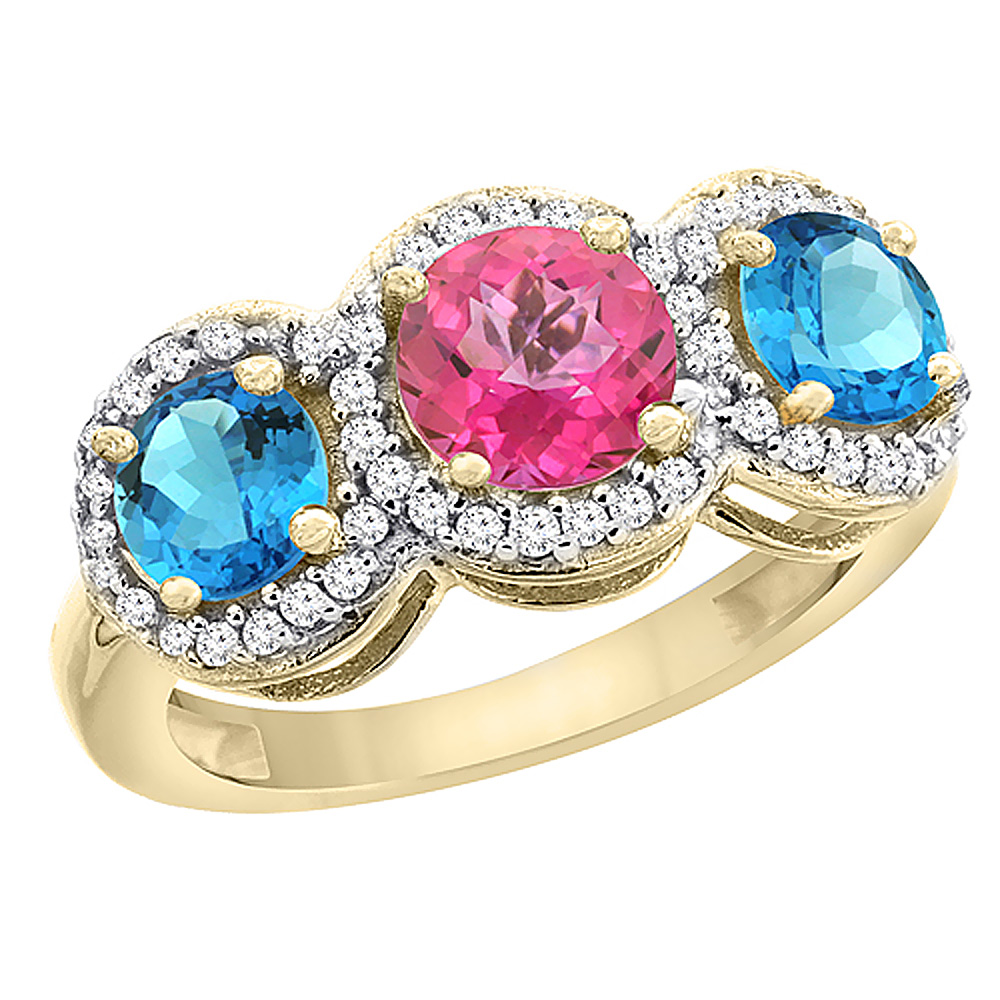 14K Yellow Gold Natural Pink Topaz &amp; Swiss Blue Topaz Sides Round 3-stone Ring Diamond Accents, sizes 5 - 10