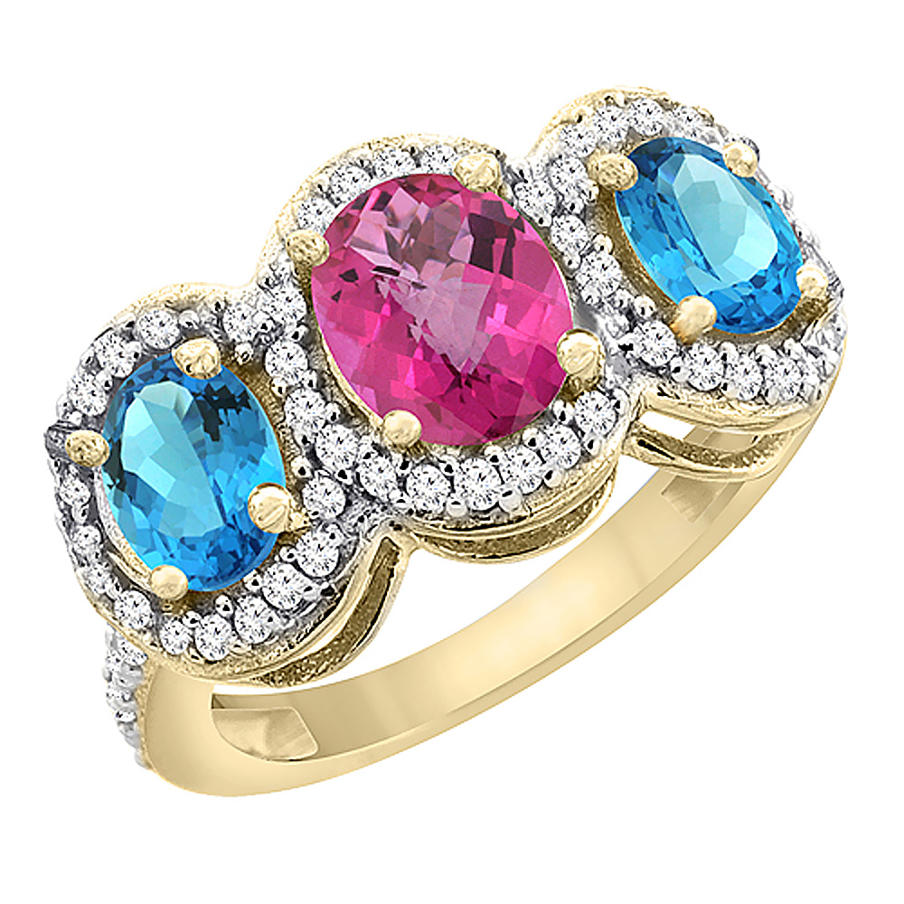 10K Yellow Gold Natural Pink Topaz &amp; Swiss Blue Topaz 3-Stone Ring Oval Diamond Accent, sizes 5 - 10