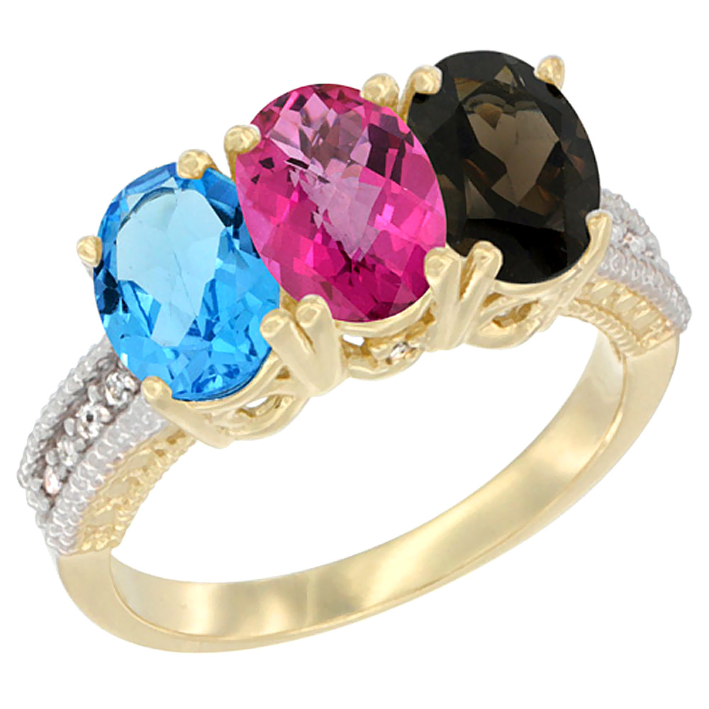 14K Yellow Gold Natural Swiss Blue Topaz, Pink Topaz & Smoky Topaz Ring 3-Stone 7x5 mm Oval Diamond Accent, sizes 5 - 10