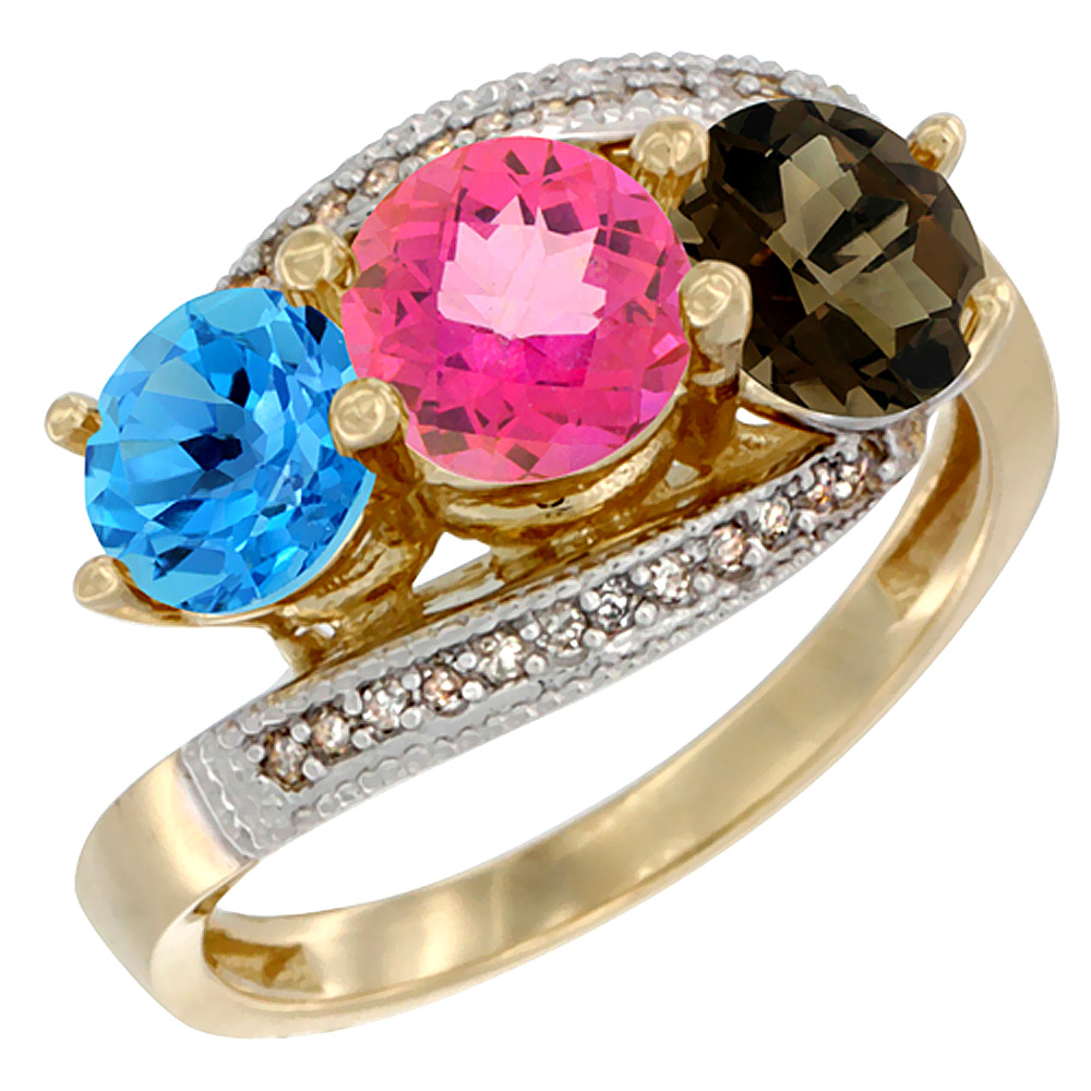10K Yellow Gold Natural Swiss Blue Topaz, Pink &amp; Smoky Topaz 3 stone Ring Round 6mm Diamond Accent, sizes 5 - 10