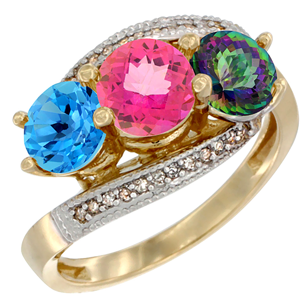 14K Yellow Gold Natural Swiss Blue Topaz, Pink &amp; Mystic Topaz 3 stone Ring Round 6mm Diamond Accent, sizes 5 - 10