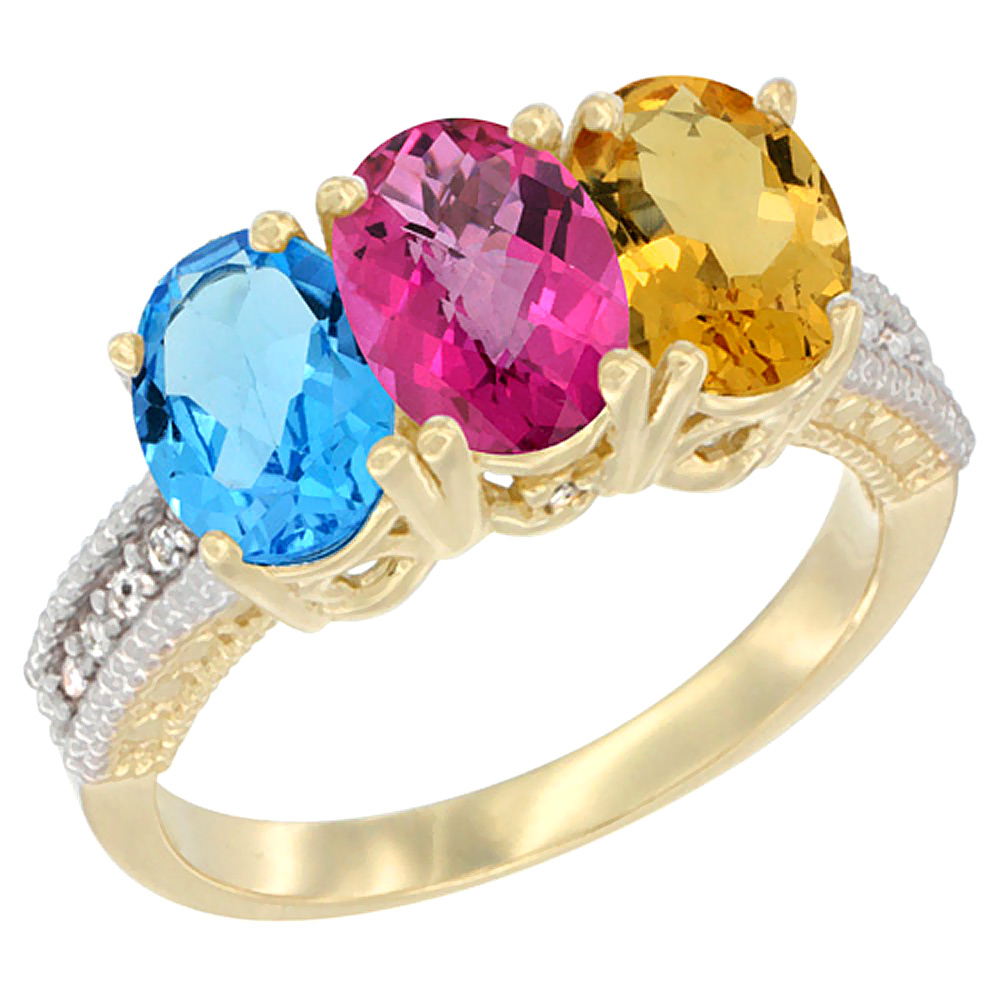 14K Yellow Gold Natural Swiss Blue Topaz, Pink Topaz &amp; Citrine Ring 3-Stone 7x5 mm Oval Diamond Accent, sizes 5 - 10