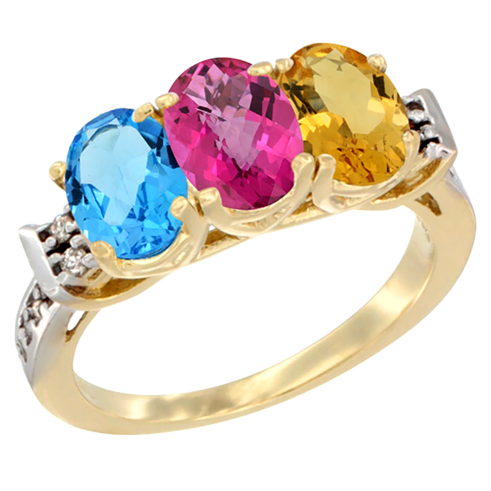 10K Yellow Gold Natural Swiss Blue Topaz, Pink Topaz & Citrine Ring 3-Stone Oval 7x5 mm Diamond Accent, sizes 5 - 10