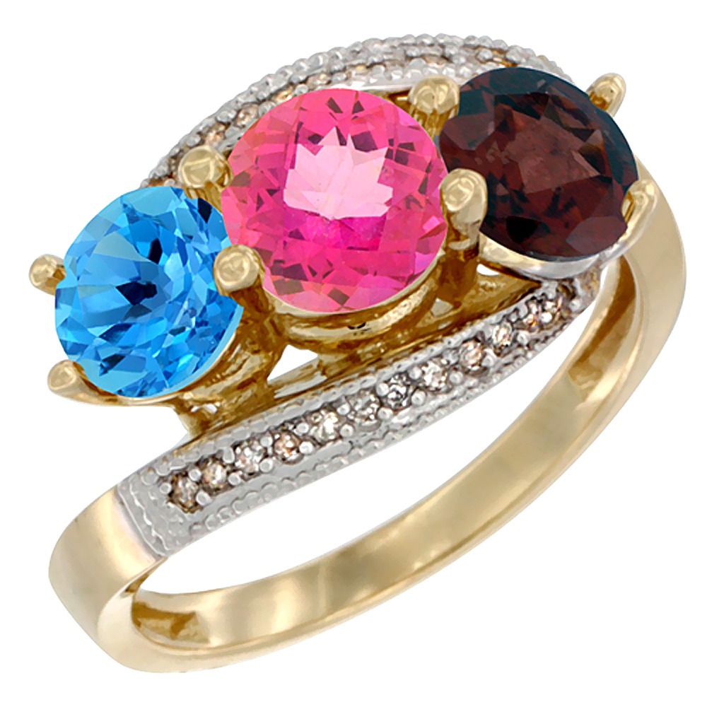 10K Yellow Gold Natural Swiss Blue Topaz, Pink Topaz &amp; Garnet 3 stone Ring Round 6mm Diamond Accent, sizes 5 - 10