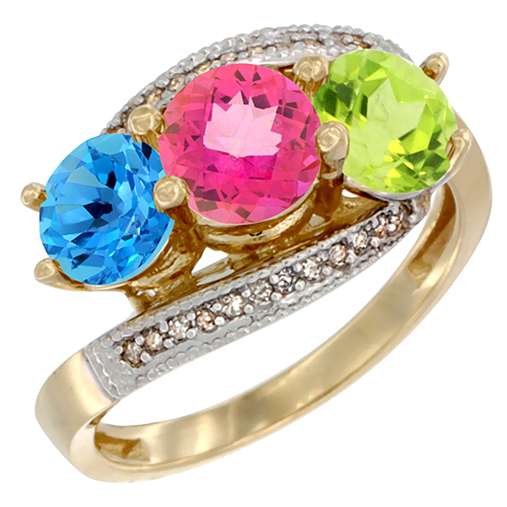 10K Yellow Gold Natural Swiss Blue Topaz, Pink Topaz & Peridot 3 stone Ring Round 6mm Diamond Accent, sizes 5 - 10