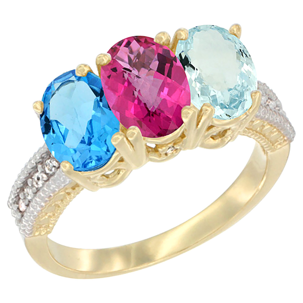 14K Yellow Gold Natural Swiss Blue Topaz, Pink Topaz &amp; Aquamarine Ring 3-Stone 7x5 mm Oval Diamond Accent, sizes 5 - 10