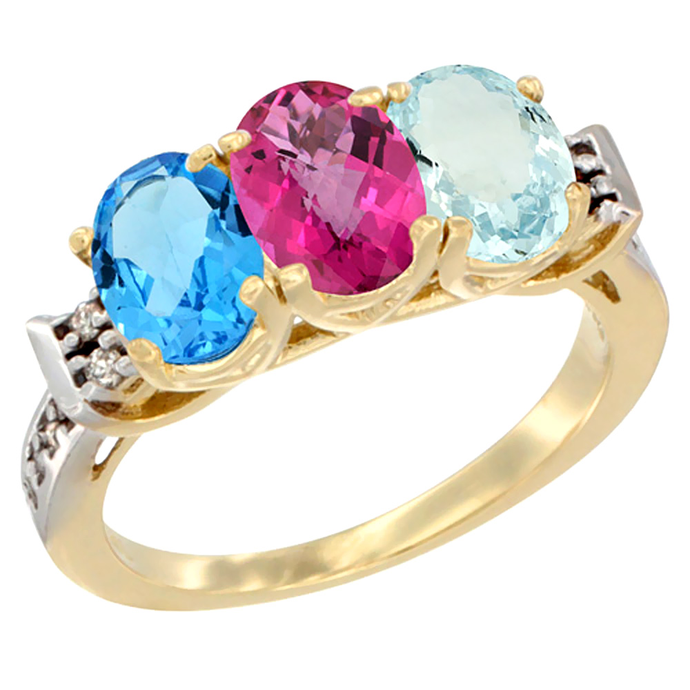 14K Yellow Gold Natural Swiss Blue Topaz, Pink Topaz & Aquamarine Ring 3-Stone 7x5 mm Oval Diamond Accent, sizes 5 - 10