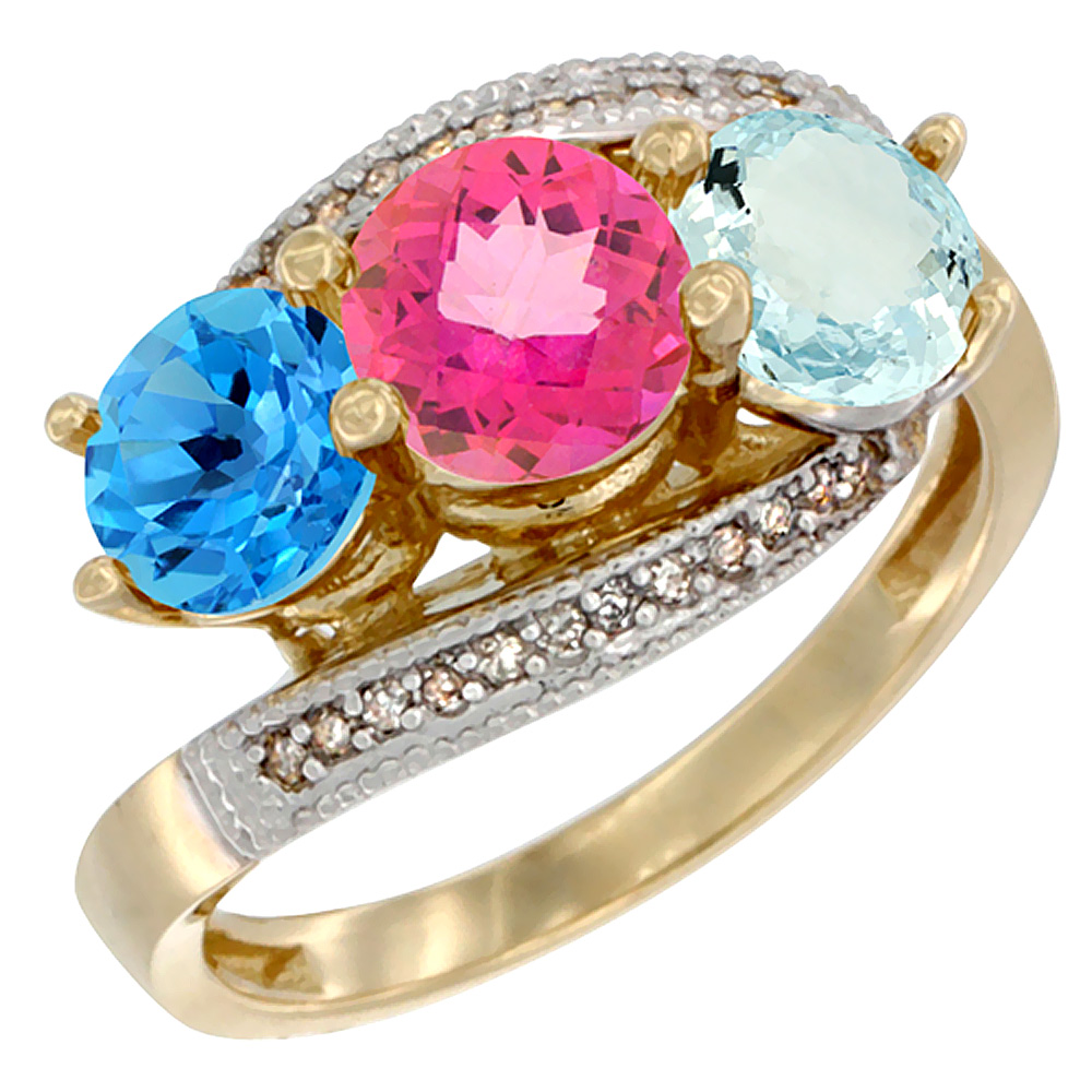 10K Yellow Gold Natural Swiss Blue Topaz, Pink Topaz & Aquamarine 3 stone Ring Round 6mm Diamond Accent, sizes 5 - 10