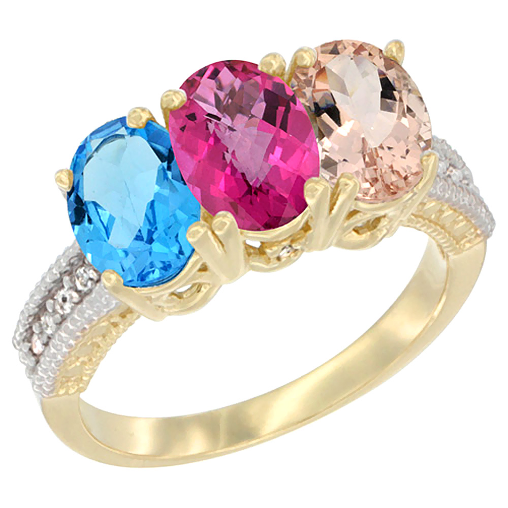 10K Yellow Gold Diamond Natural Swiss Blue Topaz, Pink Topaz & Morganite Ring 3-Stone Oval 7x5 mm, sizes 5 - 10
