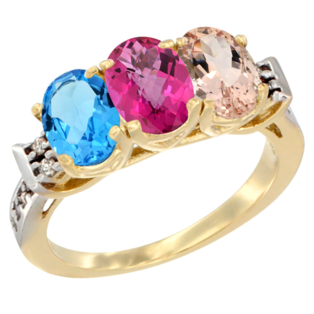 10K Yellow Gold Natural Swiss Blue Topaz, Pink Topaz & Morganite Ring 3-Stone Oval 7x5 mm Diamond Accent, sizes 5 - 10