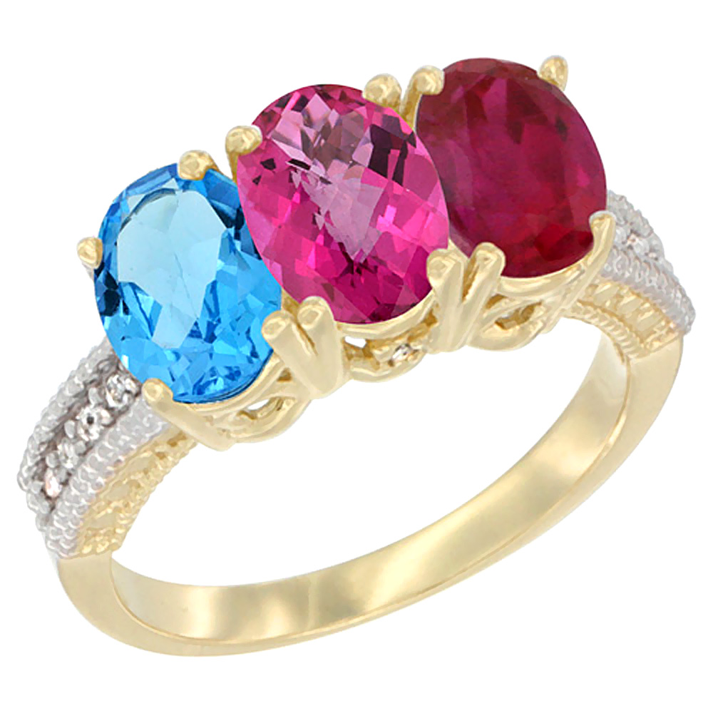 10K Yellow Gold Diamond Natural Swiss Blue Topaz, Pink Topaz & Enhanced Ruby Ring 3-Stone Oval 7x5 mm, sizes 5 - 10
