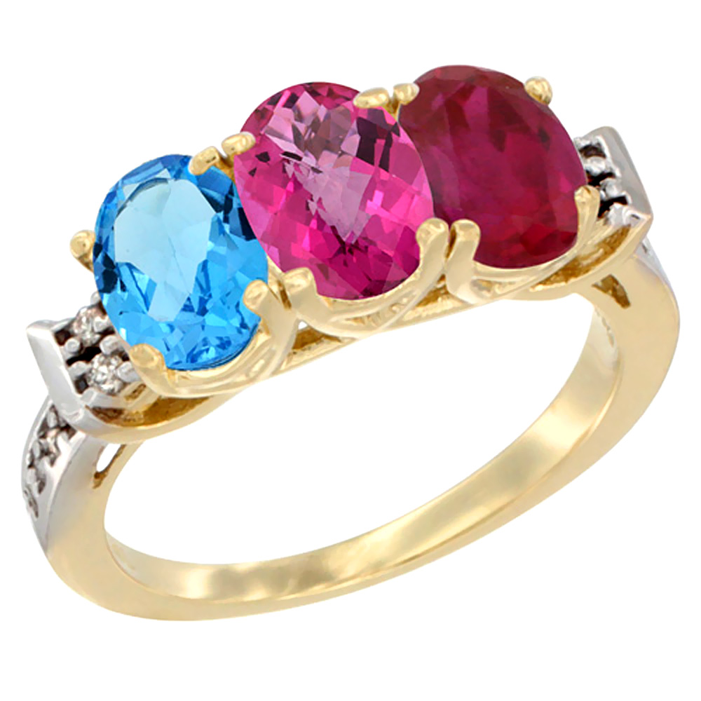 10K Yellow Gold Natural Swiss Blue Topaz, Pink Topaz & Enhanced Ruby Ring 3-Stone Oval 7x5 mm Diamond Accent, sizes 5 - 10