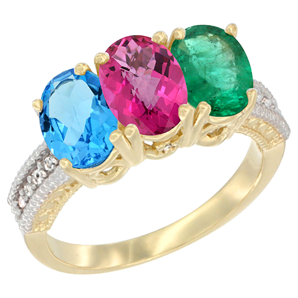 10K Yellow Gold Diamond Natural Swiss Blue Topaz, Pink Topaz & Emerald Ring 3-Stone Oval 7x5 mm, sizes 5 - 10