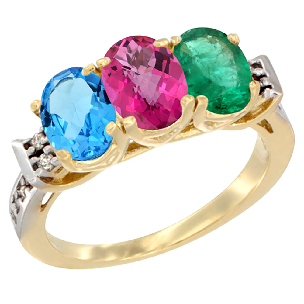 10K Yellow Gold Natural Swiss Blue Topaz, Pink Topaz & Emerald Ring 3-Stone Oval 7x5 mm Diamond Accent, sizes 5 - 10