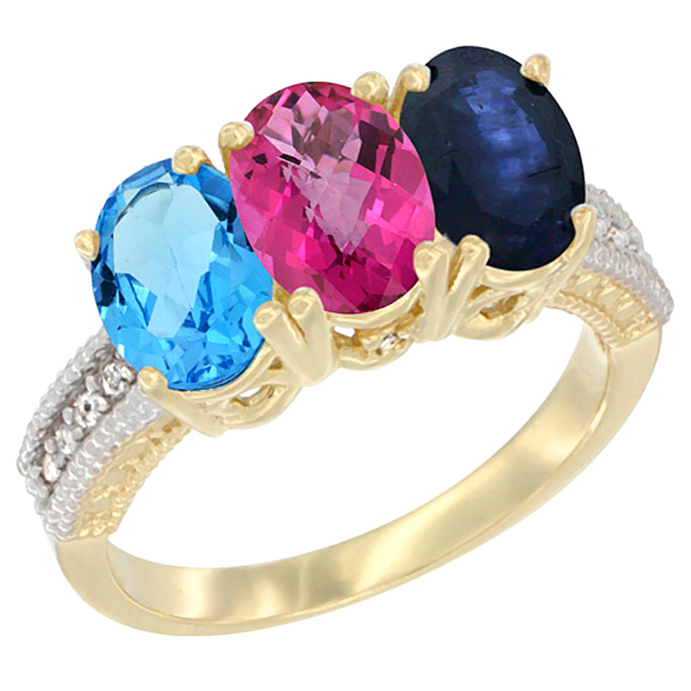 10K Yellow Gold Diamond Natural Swiss Blue Topaz, Pink Topaz & Blue Sapphire Ring 3-Stone Oval 7x5 mm, sizes 5 - 10