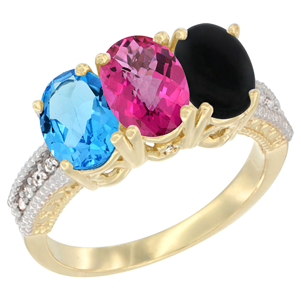 14K Yellow Gold Natural Swiss Blue Topaz, Pink Topaz &amp; Black Onyx Ring 3-Stone 7x5 mm Oval Diamond Accent, sizes 5 - 10