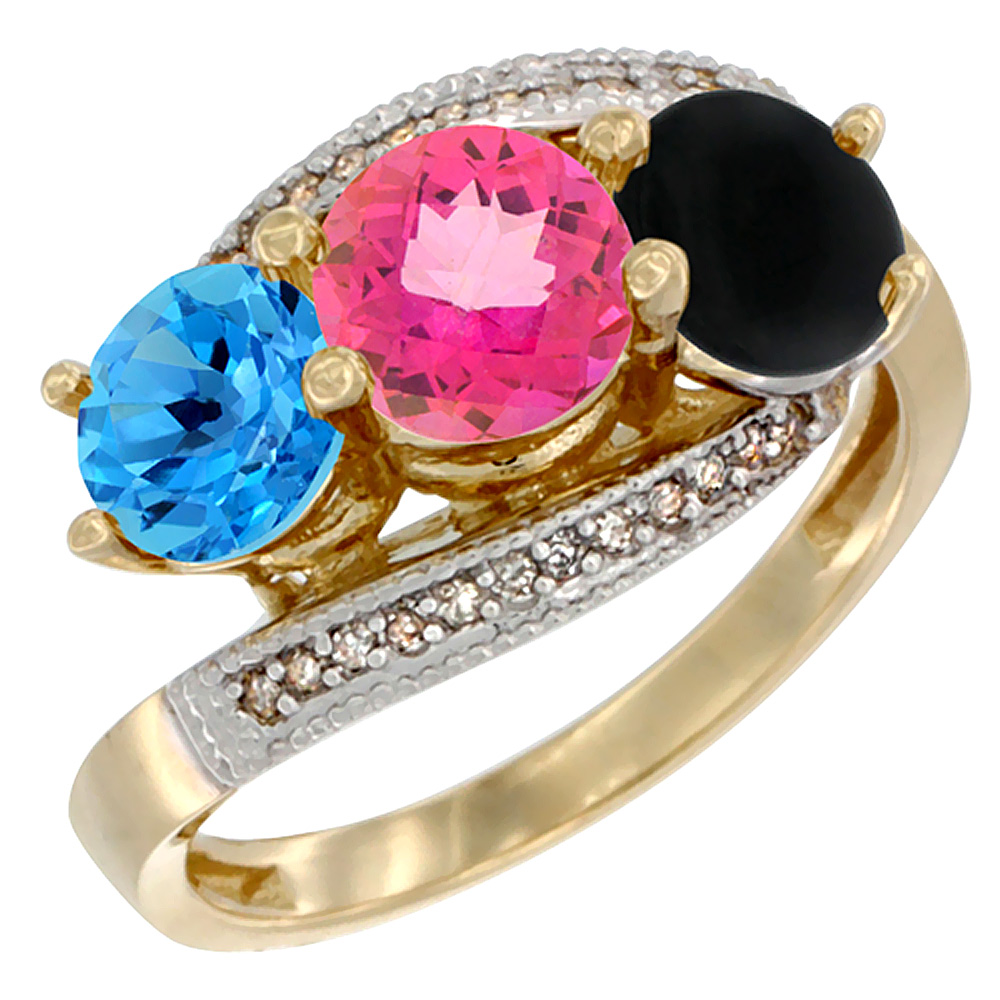 10K Yellow Gold Natural Swiss Blue Topaz, Pink Topaz &amp; Black Onyx 3 stone Ring Round 6mm Diamond Accent, sizes 5 - 10