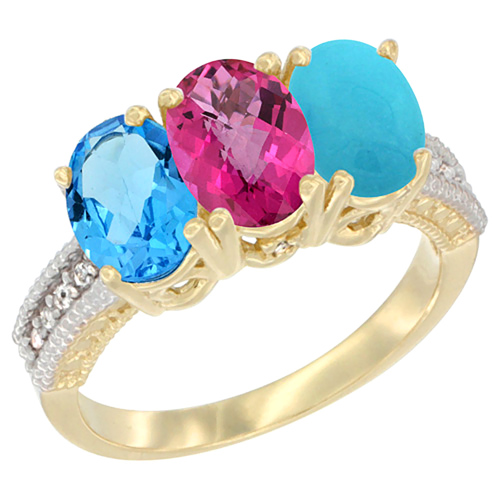 14K Yellow Gold Natural Swiss Blue Topaz, Pink Topaz &amp; Turquoise Ring 3-Stone 7x5 mm Oval Diamond Accent, sizes 5 - 10