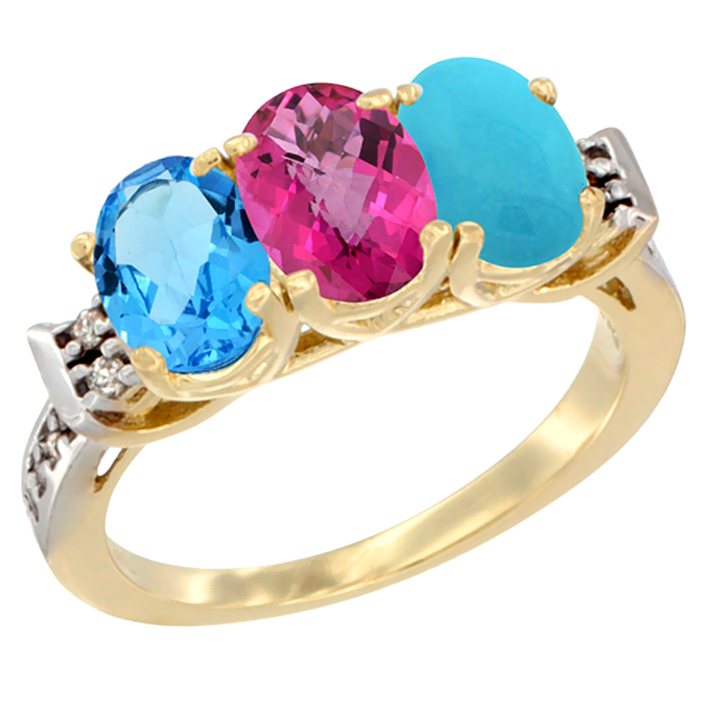 10K Yellow Gold Natural Swiss Blue Topaz, Pink Topaz & Turquoise Ring 3-Stone Oval 7x5 mm Diamond Accent, sizes 5 - 10