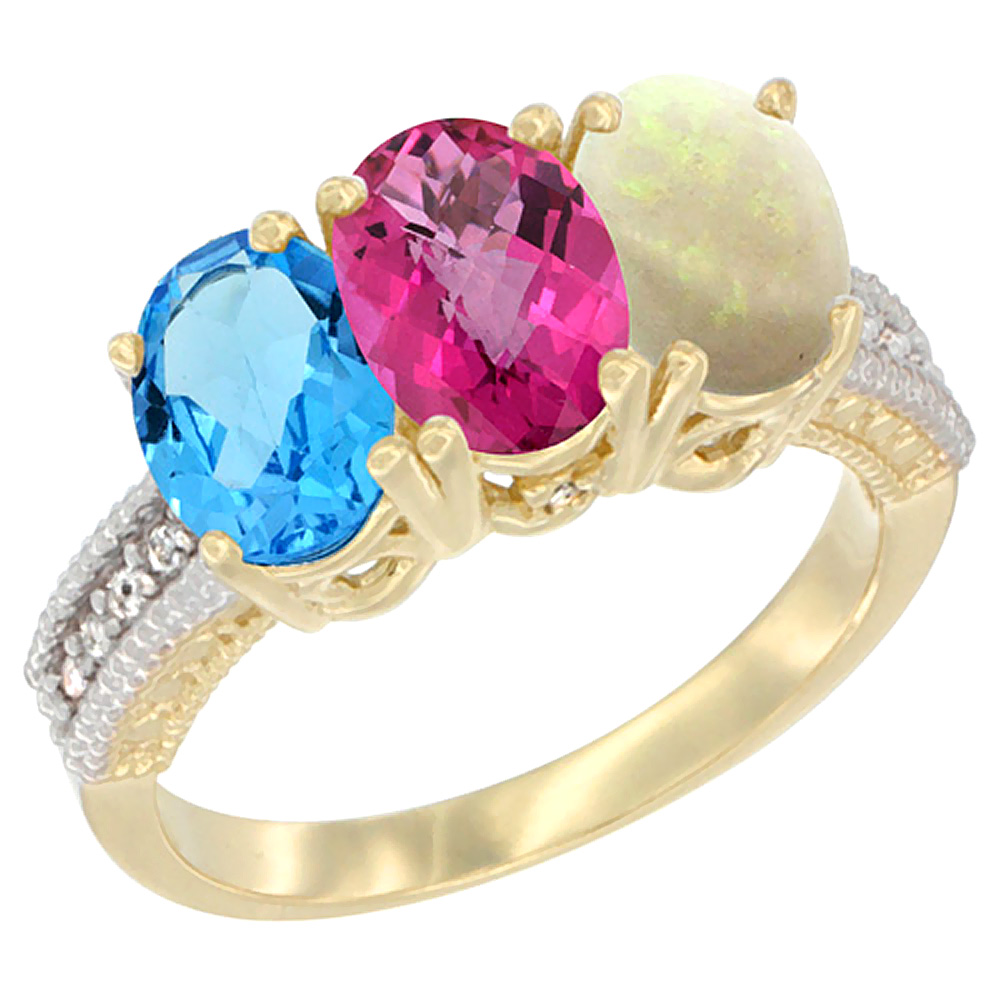 14K Yellow Gold Natural Swiss Blue Topaz, Pink Topaz & Opal Ring 3-Stone 7x5 mm Oval Diamond Accent, sizes 5 - 10