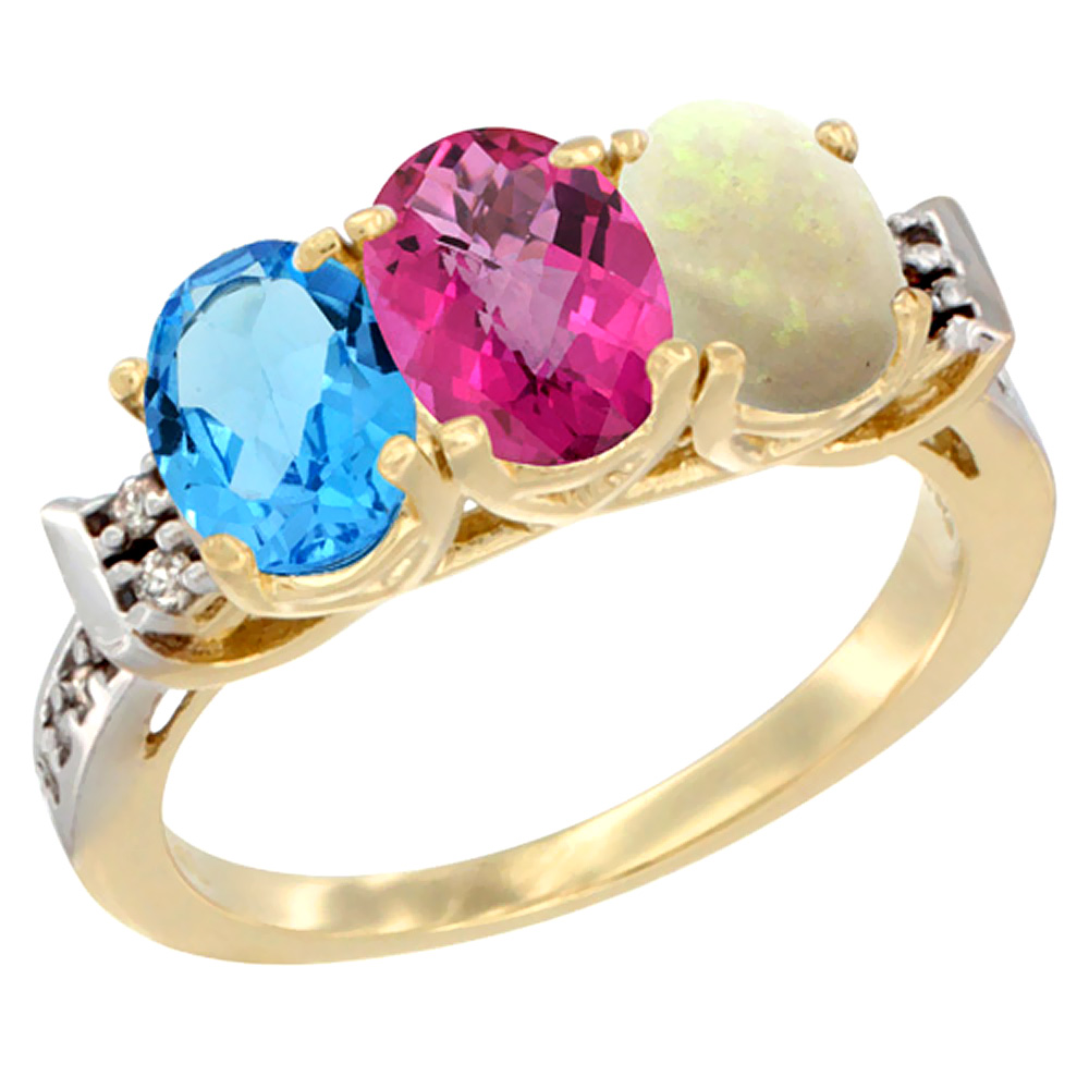 10K Yellow Gold Natural Swiss Blue Topaz, Pink Topaz & Opal Ring 3-Stone Oval 7x5 mm Diamond Accent, sizes 5 - 10
