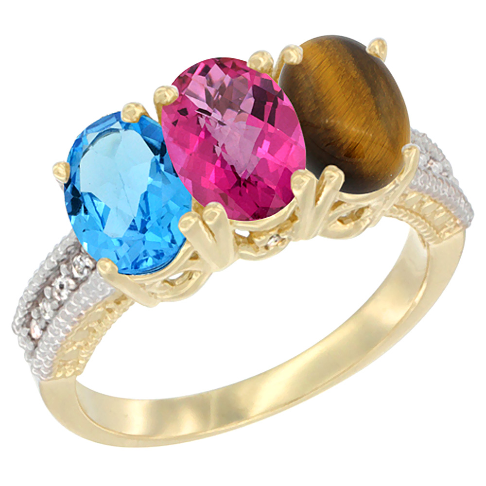 14K Yellow Gold Natural Swiss Blue Topaz, Pink Topaz &amp; Tiger Eye Ring 3-Stone 7x5 mm Oval Diamond Accent, sizes 5 - 10