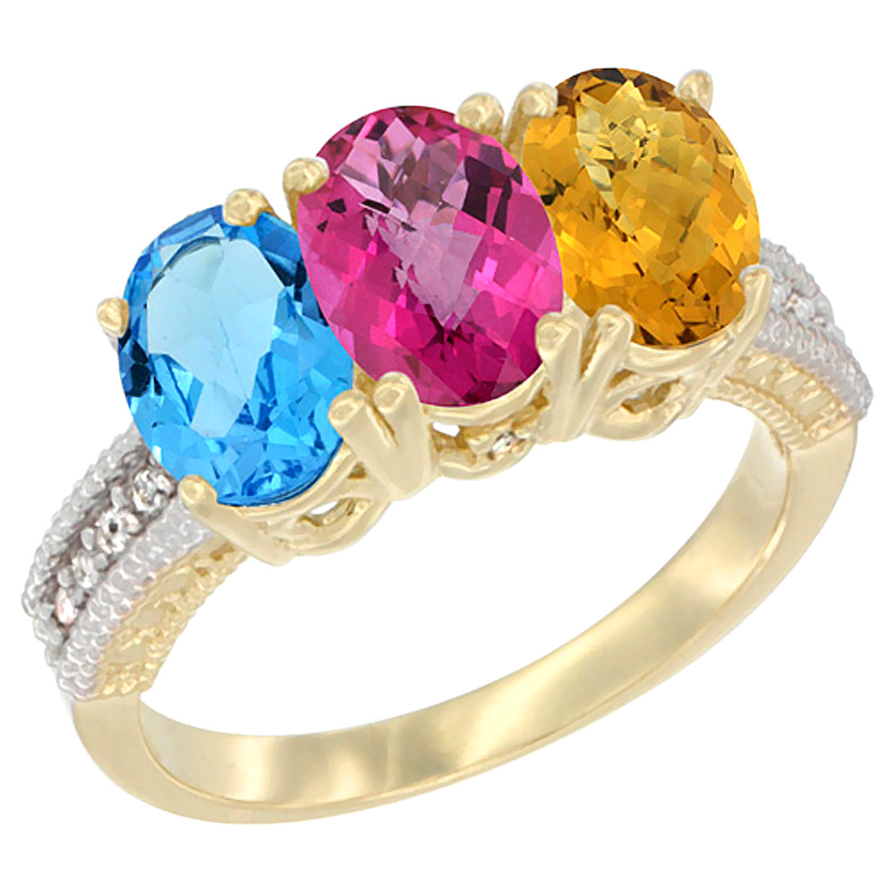 10K Yellow Gold Diamond Natural Swiss Blue Topaz, Pink Topaz & Whisky Quartz Ring 3-Stone Oval 7x5 mm, sizes 5 - 10
