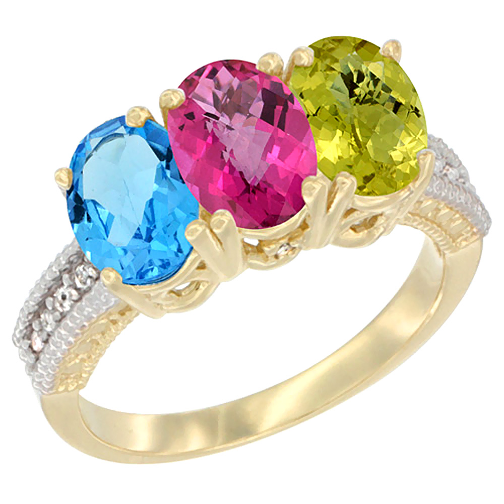 14K Yellow Gold Natural Swiss Blue Topaz, Pink Topaz & Lemon Quartz Ring 3-Stone 7x5 mm Oval Diamond Accent, sizes 5 - 10