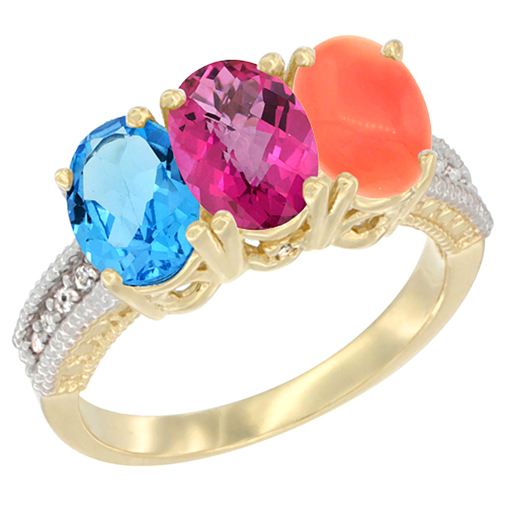 10K Yellow Gold Diamond Natural Swiss Blue Topaz, Pink Topaz & Coral Ring 3-Stone Oval 7x5 mm, sizes 5 - 10